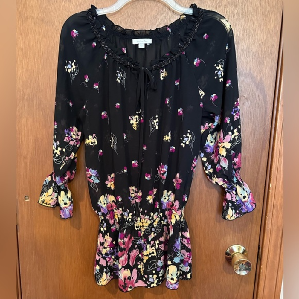 Harlow Zee Womens‎ Top S Small Boho Designer Black  Floral Beaded Smocked